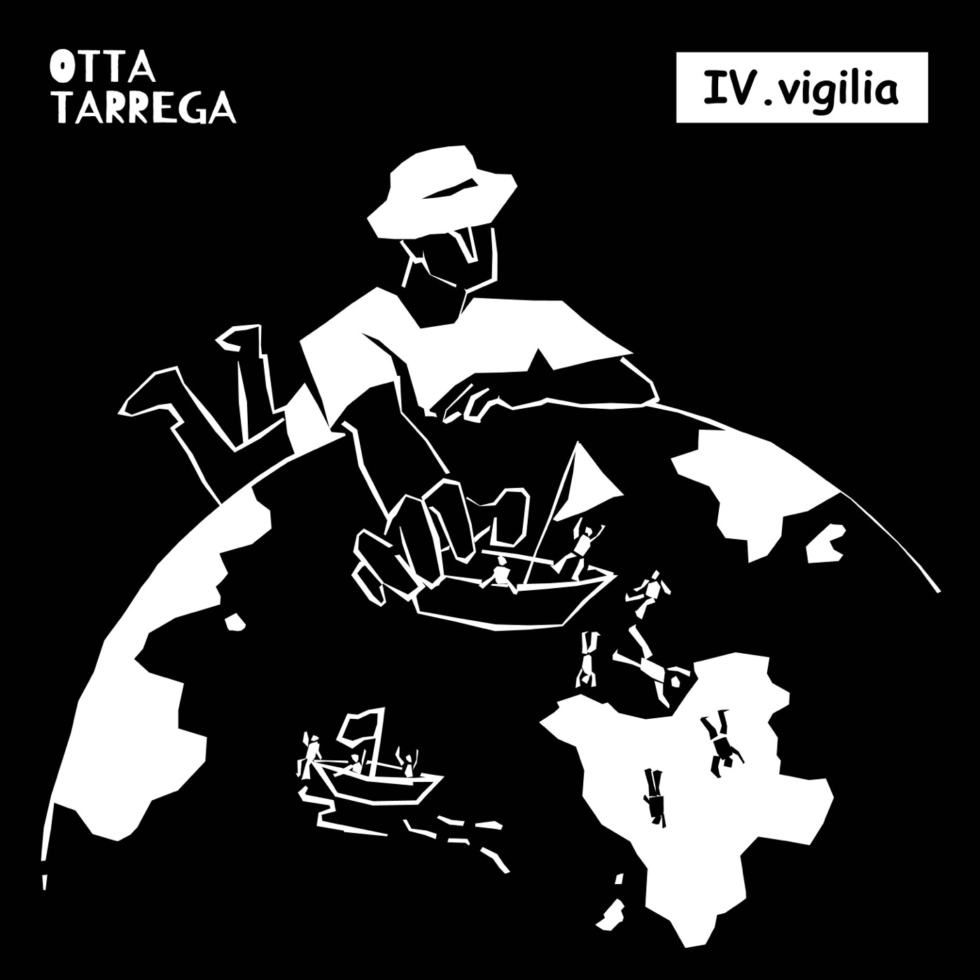 A large figure in a hat, bent over a small world, reaching down to a boat of people. Line drawing in white on black.
